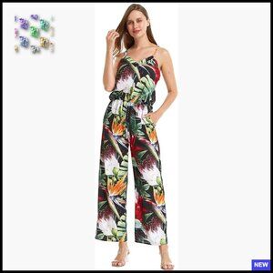 V-Neck Jumpsuit with Adjustable Straps and Pockets, Tropical Floral Print